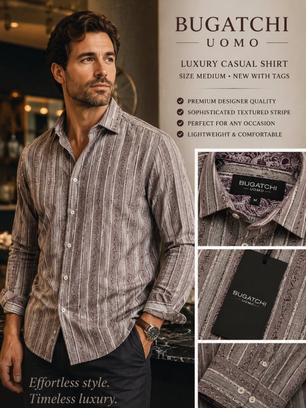 Bugatchi Uomo Mens Button Up Shirt SZM Luxury Casual Long Sleeve Designer